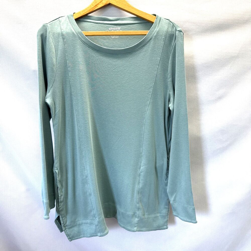 Chico's Pima Cotton Ultimate Tee Tunic Side Pocket Split Hemline LS Sage Green M